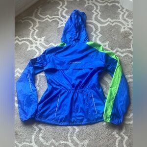 Brooks Nightlife LSD Lite Blue Green Running Nylon Zip Hooded Packable Jacket